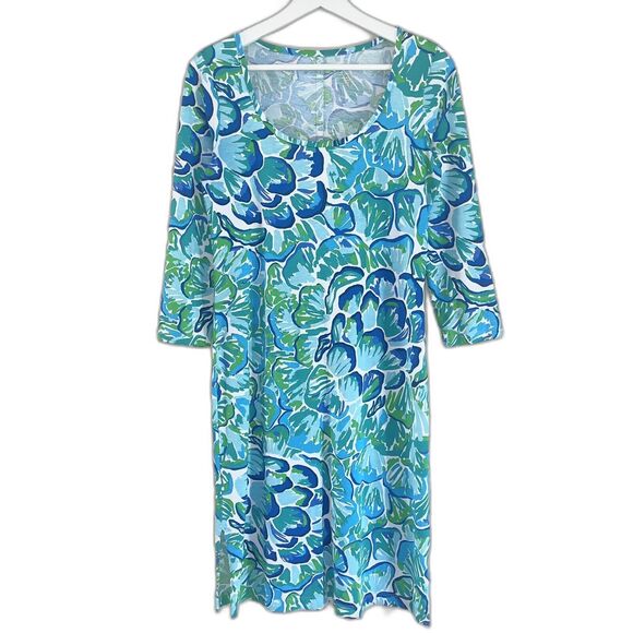 Lilly Pulitzer Knit Dress Sise S Scoop Neck Floral White Blue Green Side Slits - Picture 1 of 6